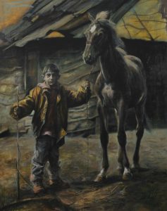 Ciganyfiu loval (200x130 cm, olaj, vaszon, 2006)